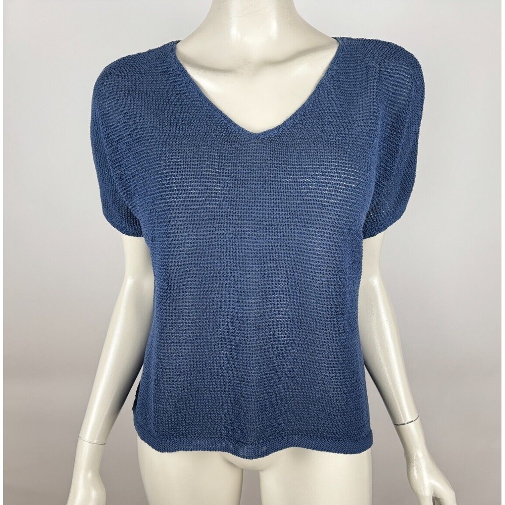 J Jill Open Knit Sweater Top Women M EUC Cotton Short Sleeve V-neck Stretch